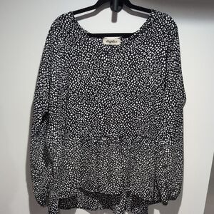 Haptics Black and White Dotted Long-Sleeve Peplum Blouse